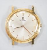 A gentleman's yellow metal Omega manual wind dress wrist watch, no strap, box or papers, case