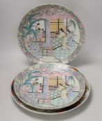 A pair of Japanese famille rose chargers and an Imari charger, largest 40.5cm diameter