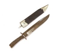A Victorian Bowie knife, by Lund, Cornhill London, with horn handle and leather scabbard, blade 30.