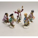 Five Volkstedt porcelain monkey band figures, tallest 17cm