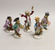 Five Volkstedt porcelain monkey band figures, tallest 17cm