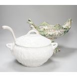 A Coalport tureen, similar ladle and a Victorian pedestal bowl or centrepiece, the largest 35cm