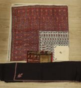 A 19th century Indian mirrored square, a printed summer paisley shawl and a black wool and