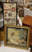 A Regency silk and wool embroidery of a seated boy by a tree and a Victorian spot motif wool-