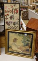 A Regency silk and wool embroidery of a seated boy by a tree and a Victorian spot motif wool-