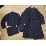 A 1960s RAF uniform comprising; great coat, blouse, cap and trousers, all with manufacturer’s