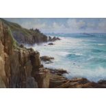 19th / 20th century heightened watercolour, Rocky coastal scene, indistinctly signed R Heath?, 90