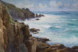 19th / 20th century heightened watercolour, Rocky coastal scene, indistinctly signed R Heath?, 90