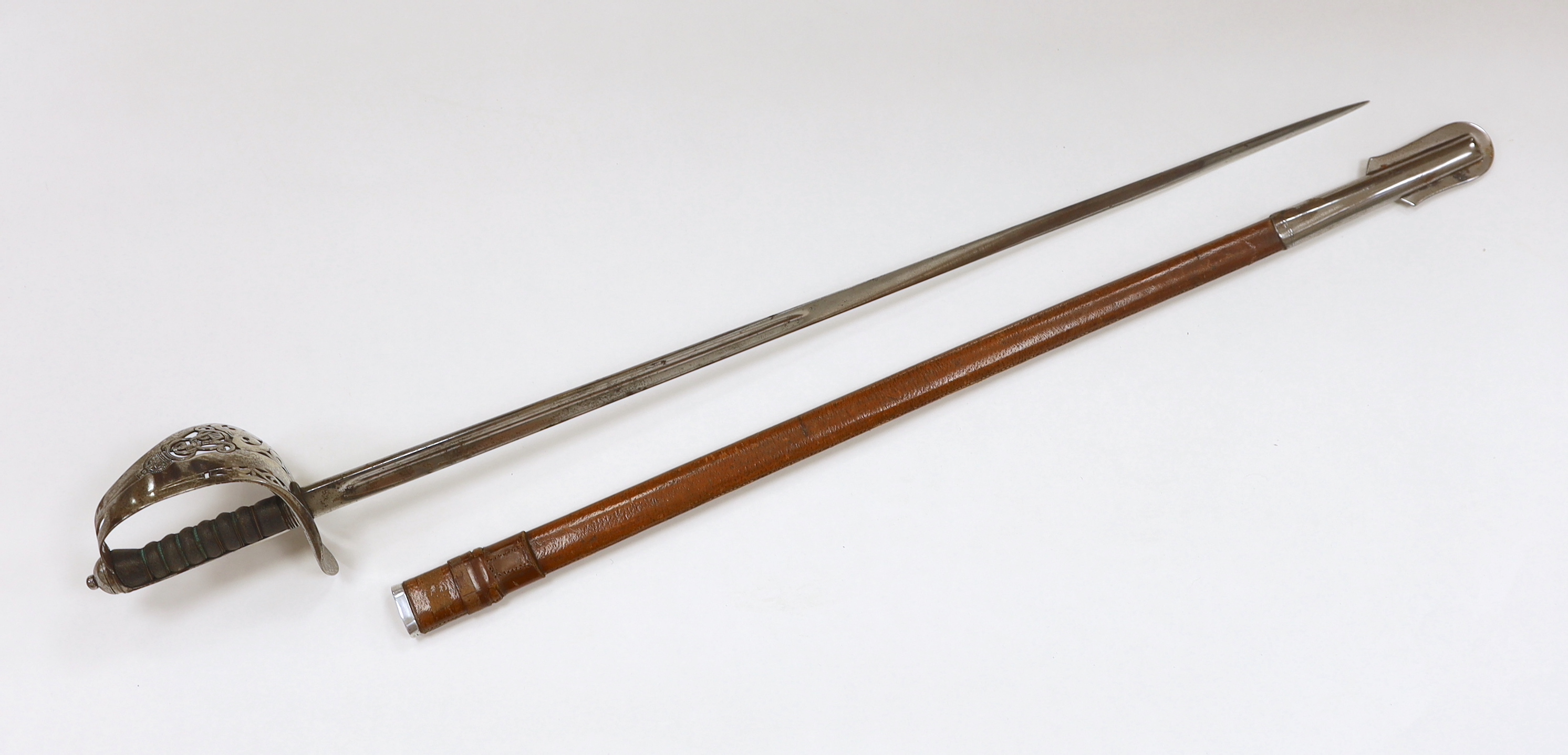 An Edward VII infantry officer's sword in leather scabbard, blade 85cm - Image 3 of 5