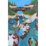 Sheridan, modern British, oil on board, Boating scene beneath a bridge, signed, 70 x 47cm