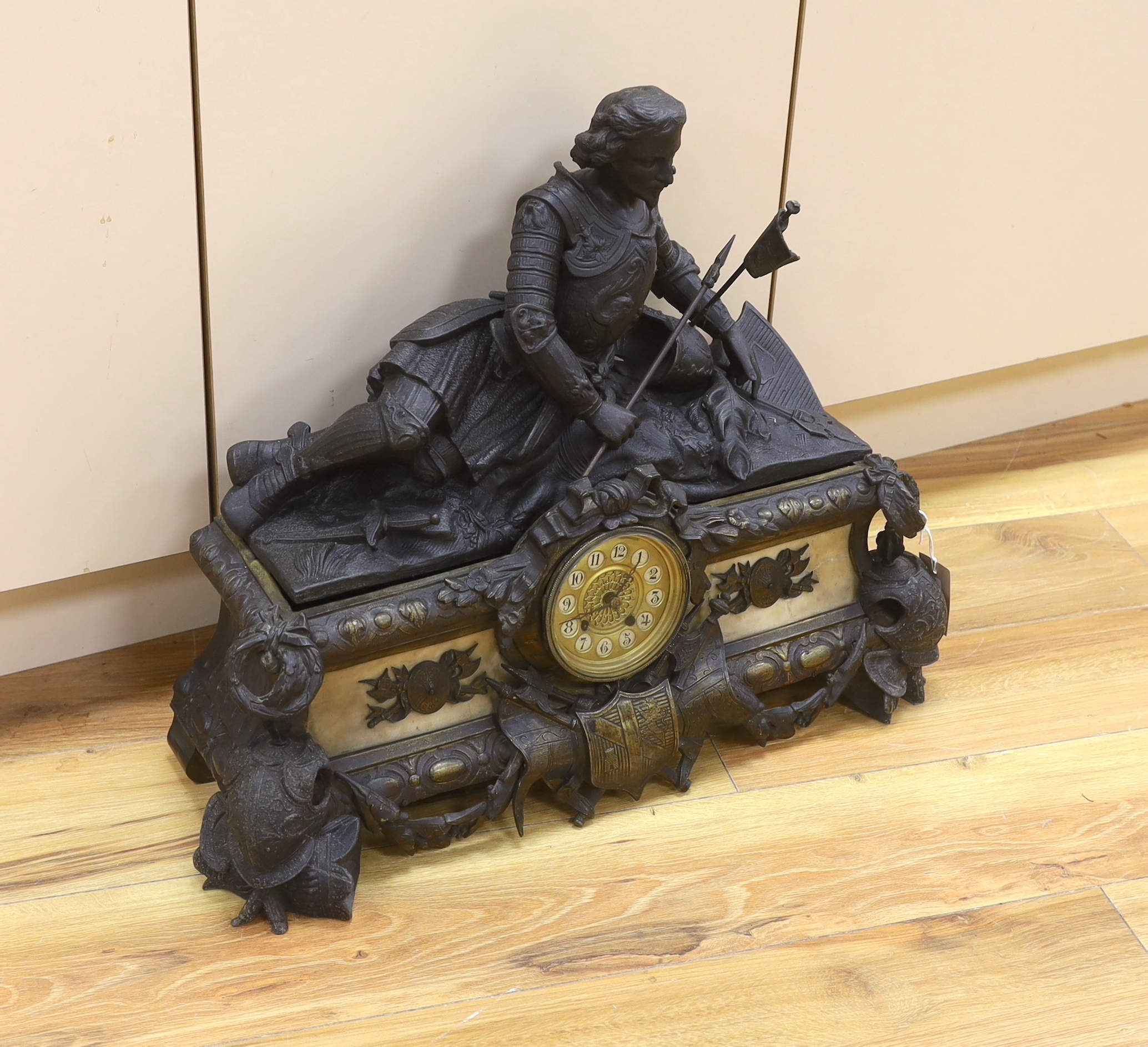 A French spelter and marble figural mantel clock, 52cm tall - Image 3 of 3