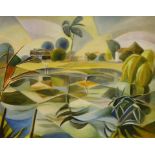 Rosy Rust (contemporary), oil on board, Surrealist landscape, signed and inscribed verso Ham Common,