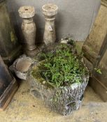 A reconstituted stone rustic branch garden planter, a pair of baluster columns, mortar and a toad