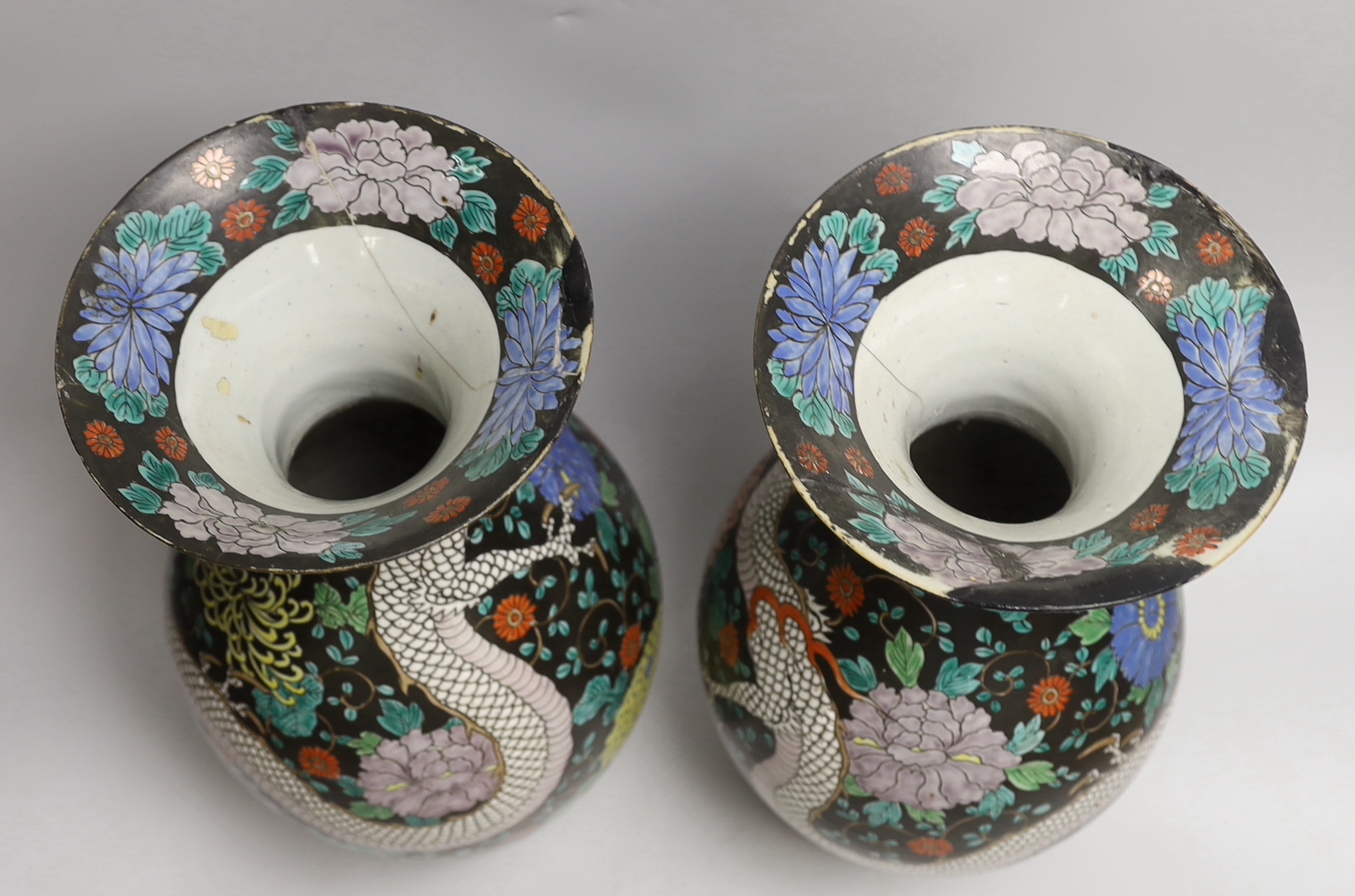A pair of Japanese black ground ‘dragon’ vases, 37cm - Image 3 of 4