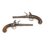 A pair of Queen Anne cannon barrel side hammer flintlock holster pistols by T. Richards, c.1770,
