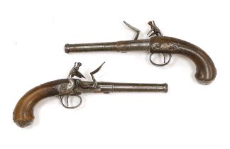 A pair of Queen Anne cannon barrel side hammer flintlock holster pistols by T. Richards, c.1770,