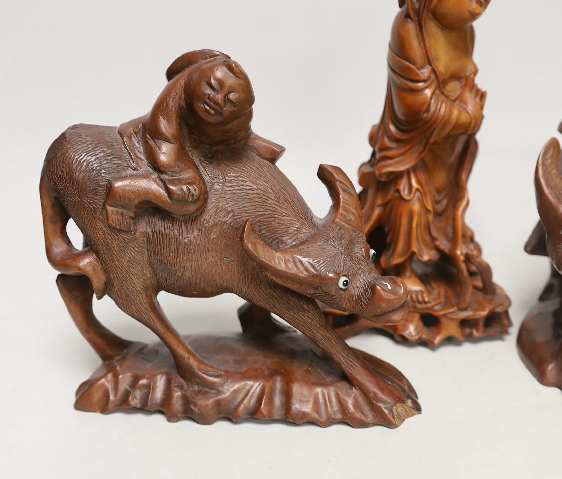 Three Chinese carved hardwood figures, tallest 23cm - Image 2 of 5