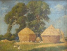 Raymond Lintott (1893–1949) oil on board, Sussex farmyard, details verso, 39 x 29cm