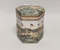 A Chinese hexagonal tea canister, decorated with the Hongs of Canton, 17cm