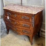 A Louis XV style marquetry inlaid kingwood marble top bombe commode, width 104cm, depth 46cm, height