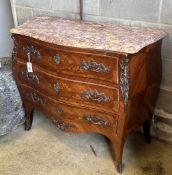 A Louis XV style marquetry inlaid kingwood marble top bombe commode, width 104cm, depth 46cm, height