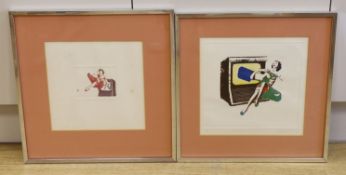 A pair of 1970's colour screenprints, 'Bird in the hand', indistinctly signed, one artist proof,