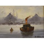 Oil on canvas, Tug boat before buildings, indistinctly signed, 23 x 17cm