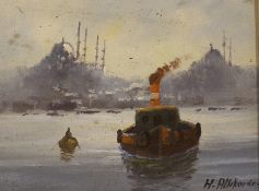 Oil on canvas, Tug boat before buildings, indistinctly signed, 23 x 17cm
