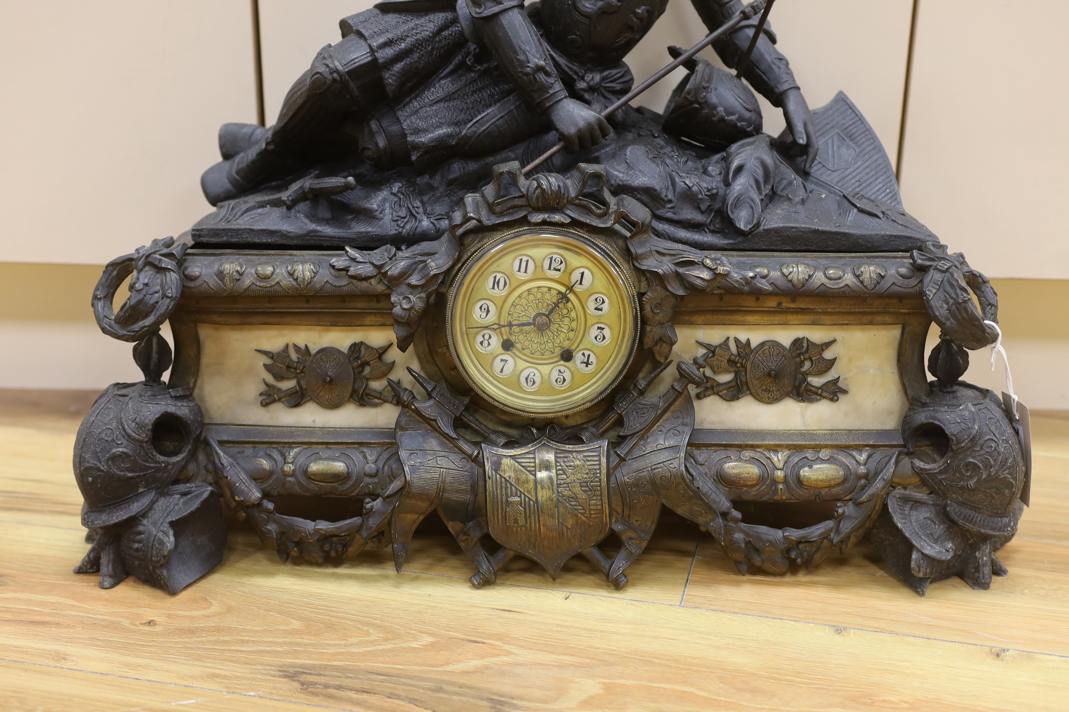 A French spelter and marble figural mantel clock, 52cm tall - Image 2 of 3