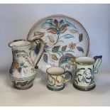 Glyn Colledge pottery - comprising two mugs, jug and bowl, signed to the bases, 31cm in diameter