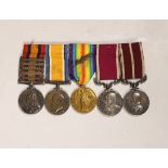 A Queen’s South Africa medal and WWI and meritorious service group of 5 medals to Lieut. O. Preston,