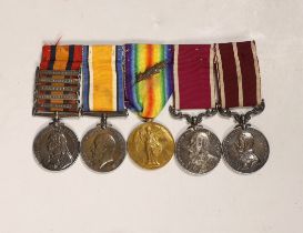 A Queen’s South Africa medal and WWI and meritorious service group of 5 medals to Lieut. O. Preston,
