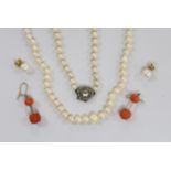 Sundry jewellery including two single strand graduated cultured pearl necklaces, a pair of coral