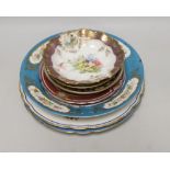 Three Sevres style porcelain cabinet plates and five Continental porcelain saucers, 19th/early