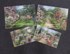 Annie Louise Pressland (1862-1933) four watercolours on card, Country garden landscapes, signed,