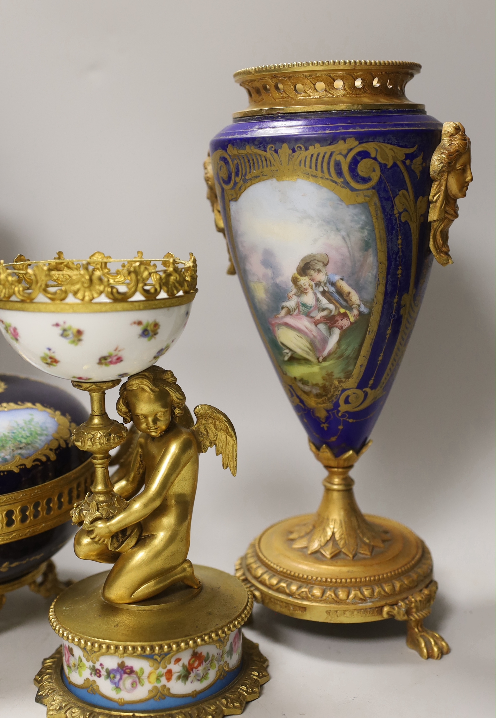 A pair of Sevres style porcelain ormolu mounted vases, a similar putti stemmed cup and a bowl and - Image 5 of 6