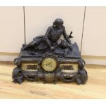 A French spelter and marble figural mantel clock, 52cm tall