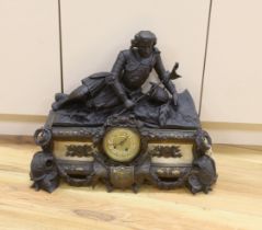 A French spelter and marble figural mantel clock, 52cm tall