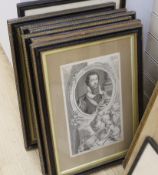 Six 18th century portrait engravings, including Robert Devereux, Earl of Essex, publ. London 1738,