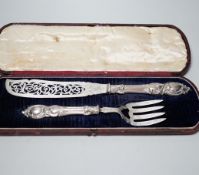 A cased pair of Victorian silver fish servers, John Gilbert, Birmingham, 1853, knife 32.5cm.