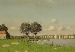 Pieter van Noort (20th century) oil on canvas, Dutch riverside landscape, signed, 70 x 49cm,