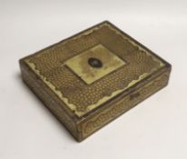A 19th century Chinese export lacquer games box and mother of pearl counters