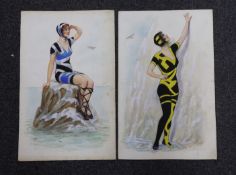 William Henry Ellam (1858-1935), pair of Art Deco heightened watercolours on card, Bathing Girls,