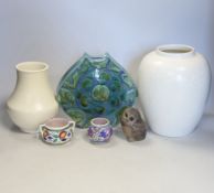 Six Poole pottery items including three vases, two miniature pots and an owl, tallest vase 22cm