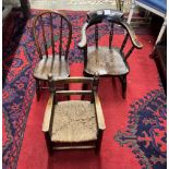 A child's Victorian elm and beech bow chair, a single chair and a rush seat chair