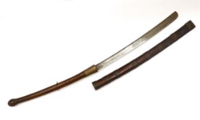 A large 19th century Burmese dha, in a wooden scabbard with metal bands, long wooden grip, blade