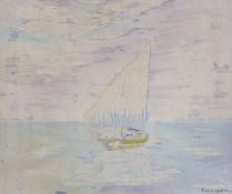 Watercolour on fabric, Sailing boat at sea, indistinctly signed possibly Rachel Sy?, 63 x 52cm