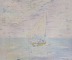Watercolour on fabric, Sailing boat at sea, indistinctly signed possibly Rachel Sy?, 63 x 52cm