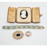 A Tassie style cased cameo, a micro-mosaic bracelet, a pietra dura brooch and a porcelain brooch.