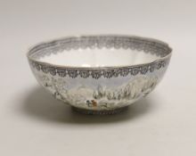 A Chinese eggshell bowl in fitted box, decorated with a mountainous landscape, 18cm in diameter